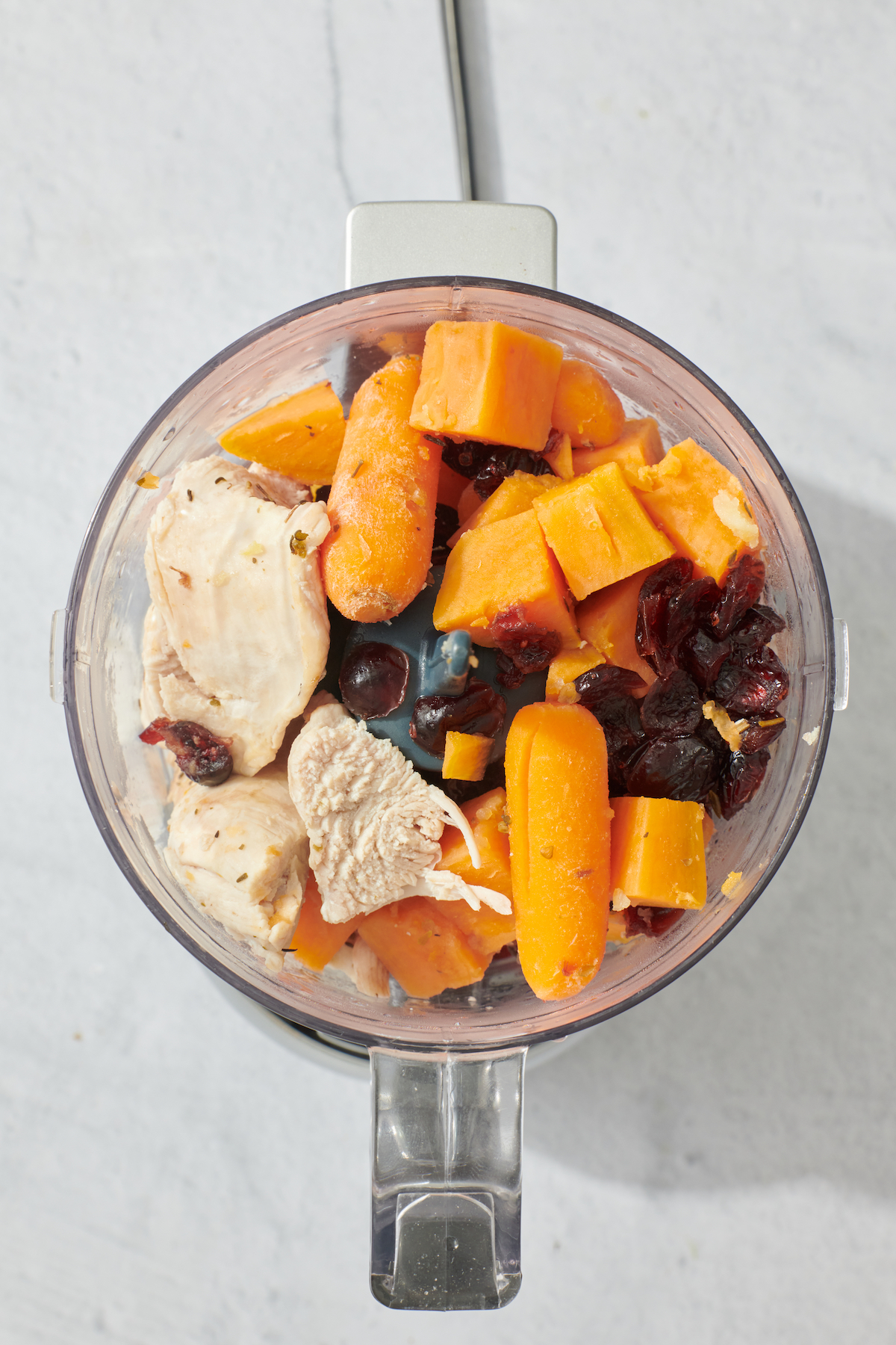 cooked turkey breast, baby carrots, sweet potatoes and cranberries in food processor.