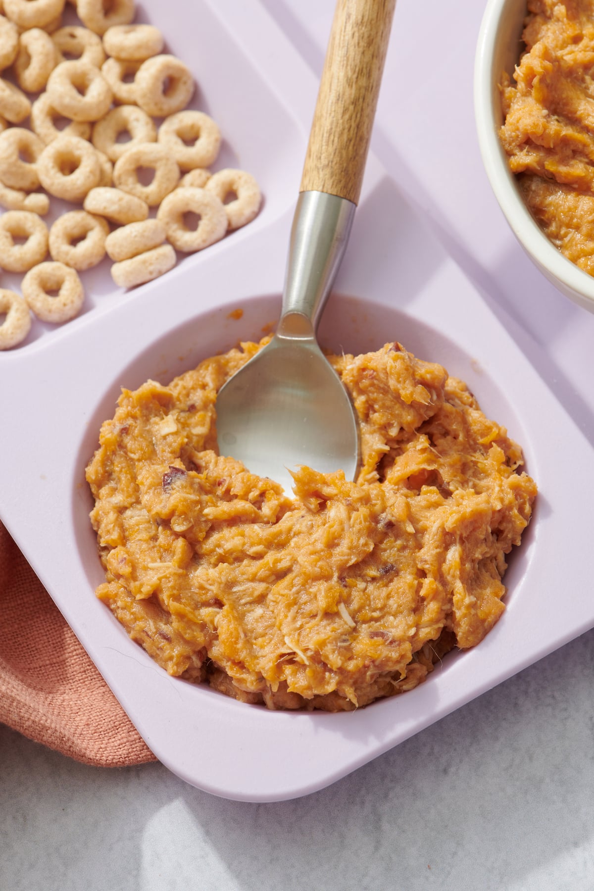 Thanksgiving Dinner Baby Food in purple baby serving tray with o's cereal in compartment next it.