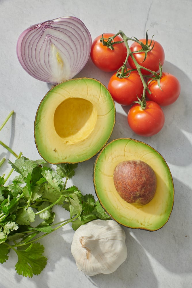 red onion, tomatoes, avocado, garlic, cilantro flatlay