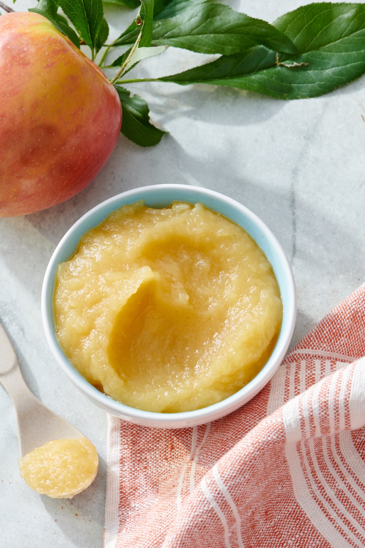 Applesauce in bowl with spoonful lying on counter next to it.