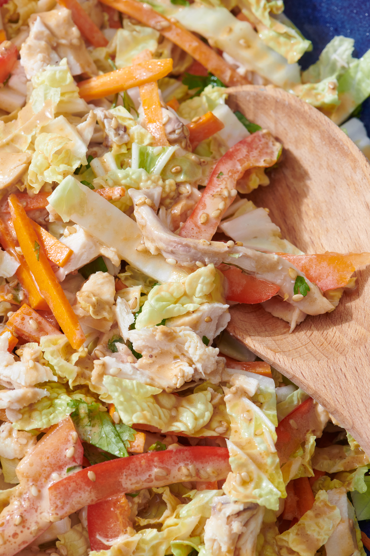 Close up of wooden spoon with Chinese chicken salad.