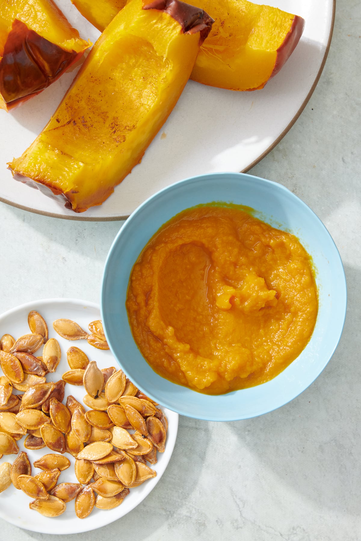 Roast pumpkin, pumpkin puree and toasted pumpkin seeds.