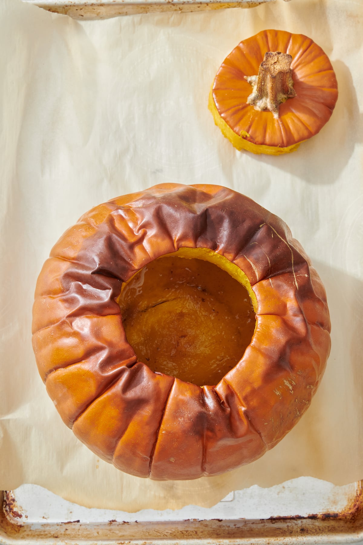 Roast pumpkin on baking sheet.