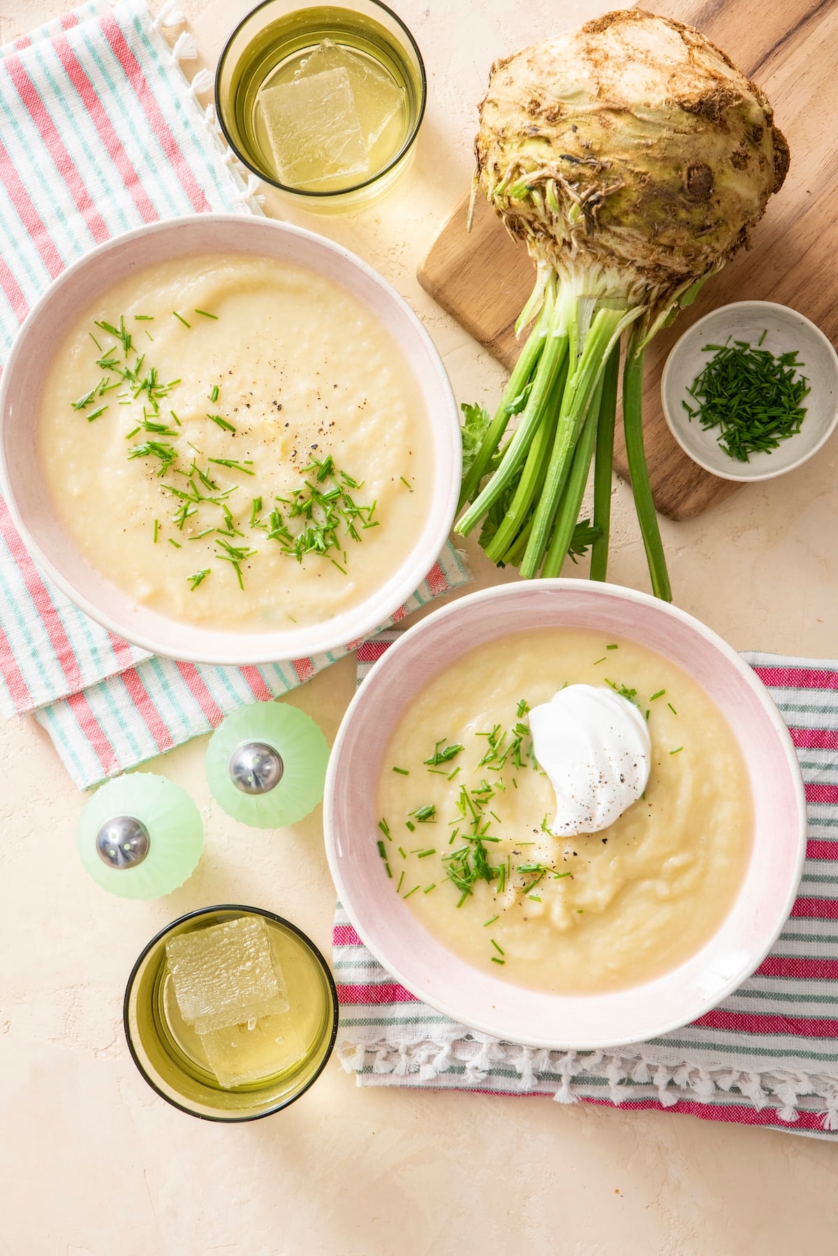Two bowls of celery root soup.