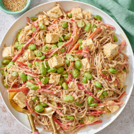 Cold soba noodle salad in serving bowl.