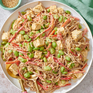 Cold soba noodle salad in serving bowl.