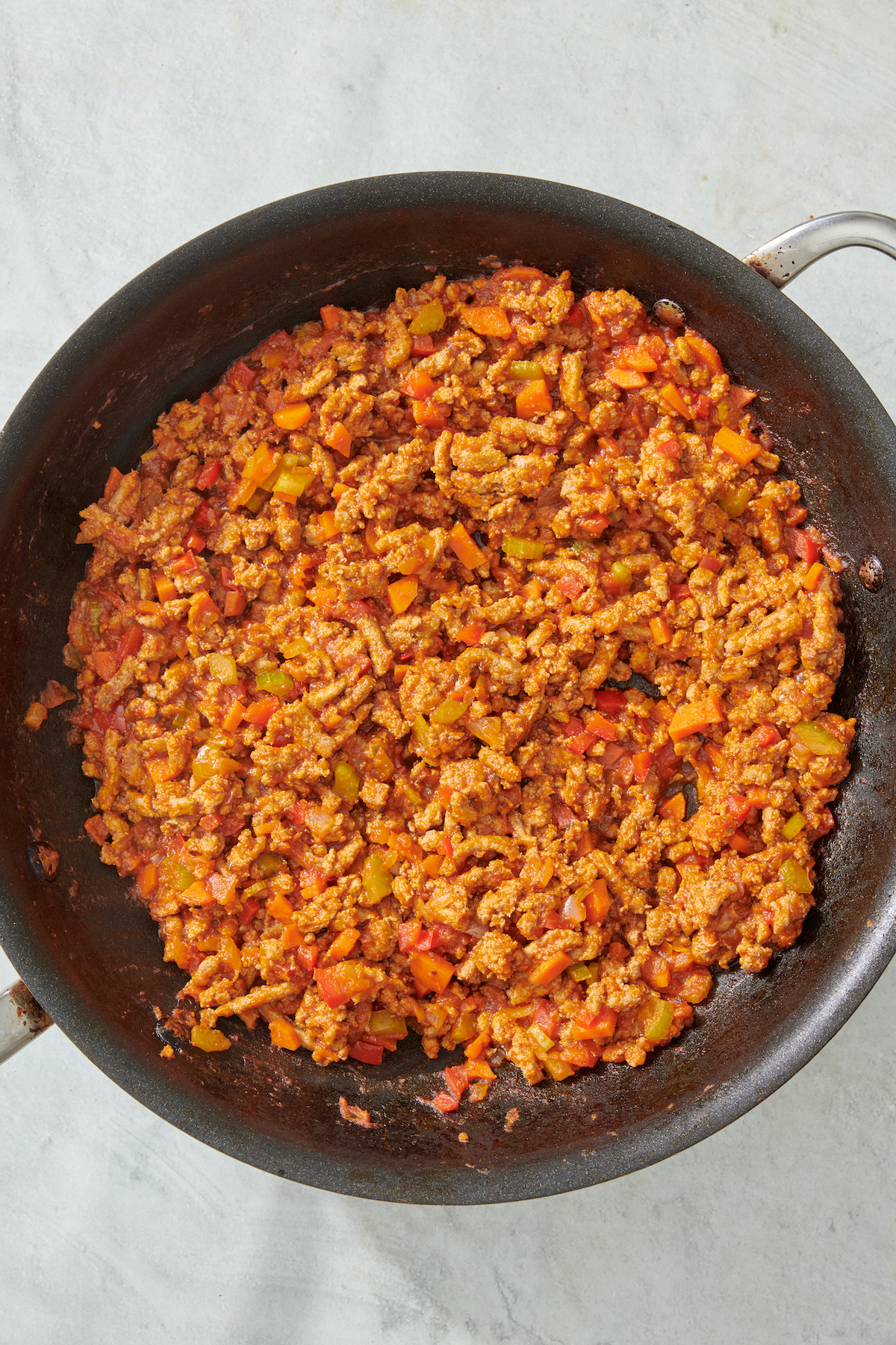 Turkey sloppy joe mixture in a pan.