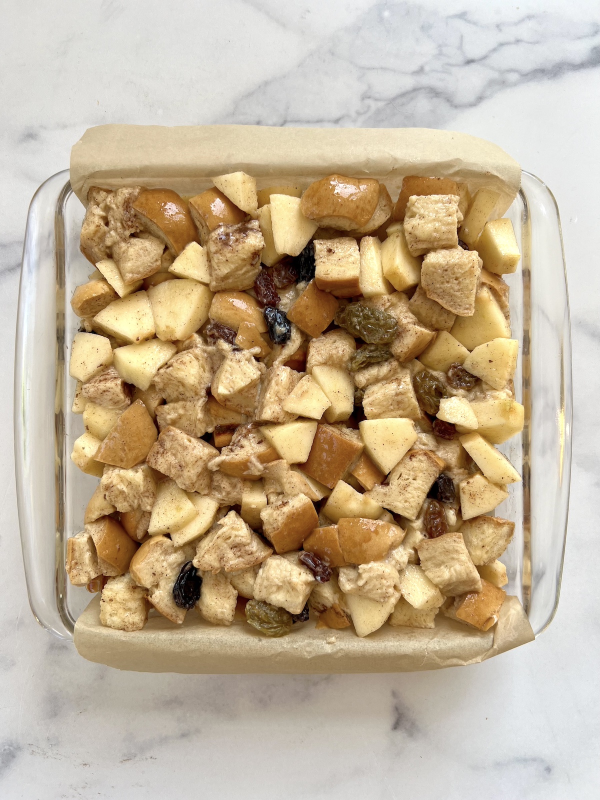 Breakfast bread pudding in baking dish.