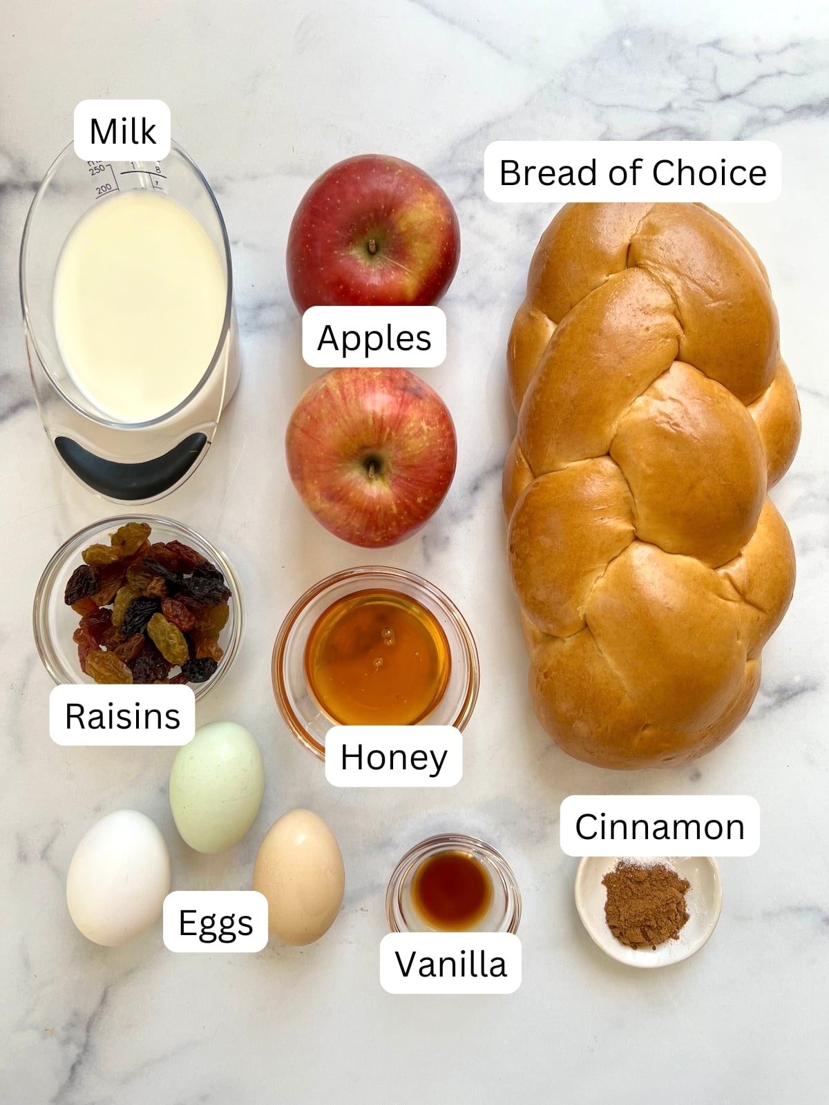 Breakfast bread pudding ingredients on countertop.