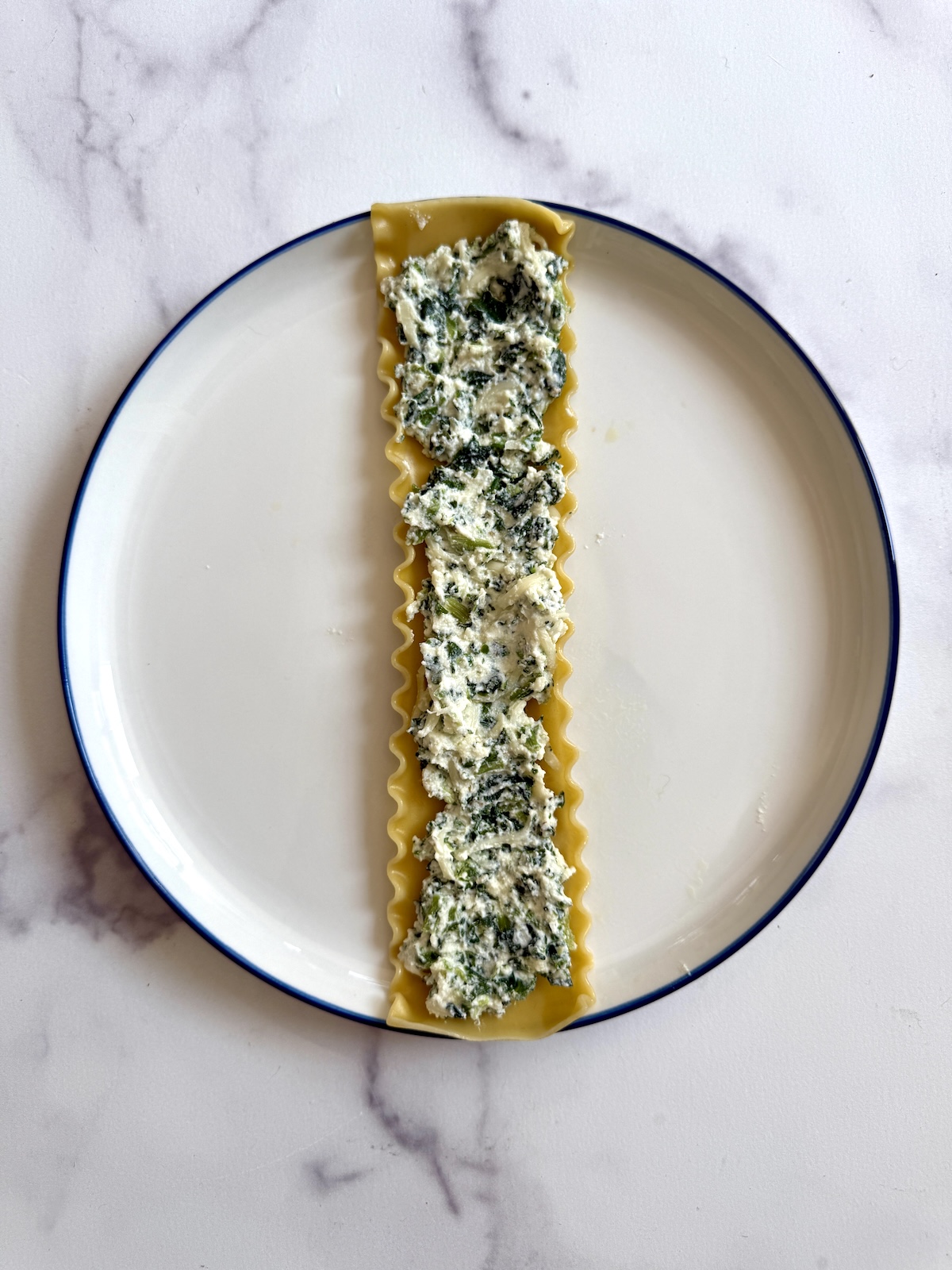 Lasagna filling on top of a lasagna noodle.