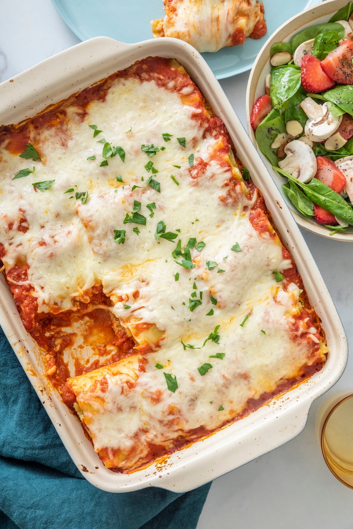 Lasagna Rolls in a casserole dish.
