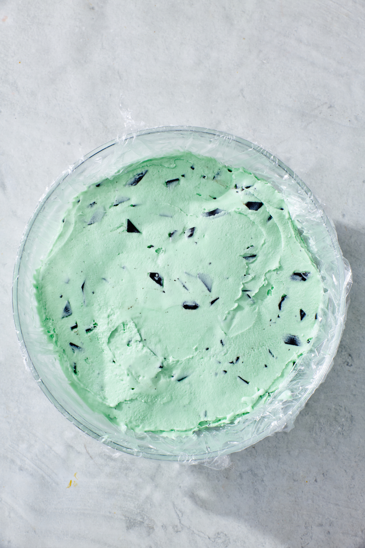 Mint chocolate chip ice cream layered in a bowl.