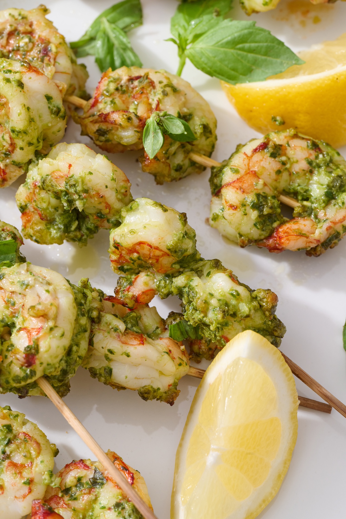 Pesto shrimp on skewers.