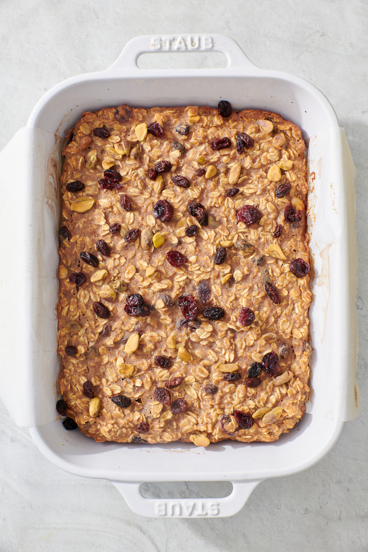 Oatmeal bars in baking dish after baked.
