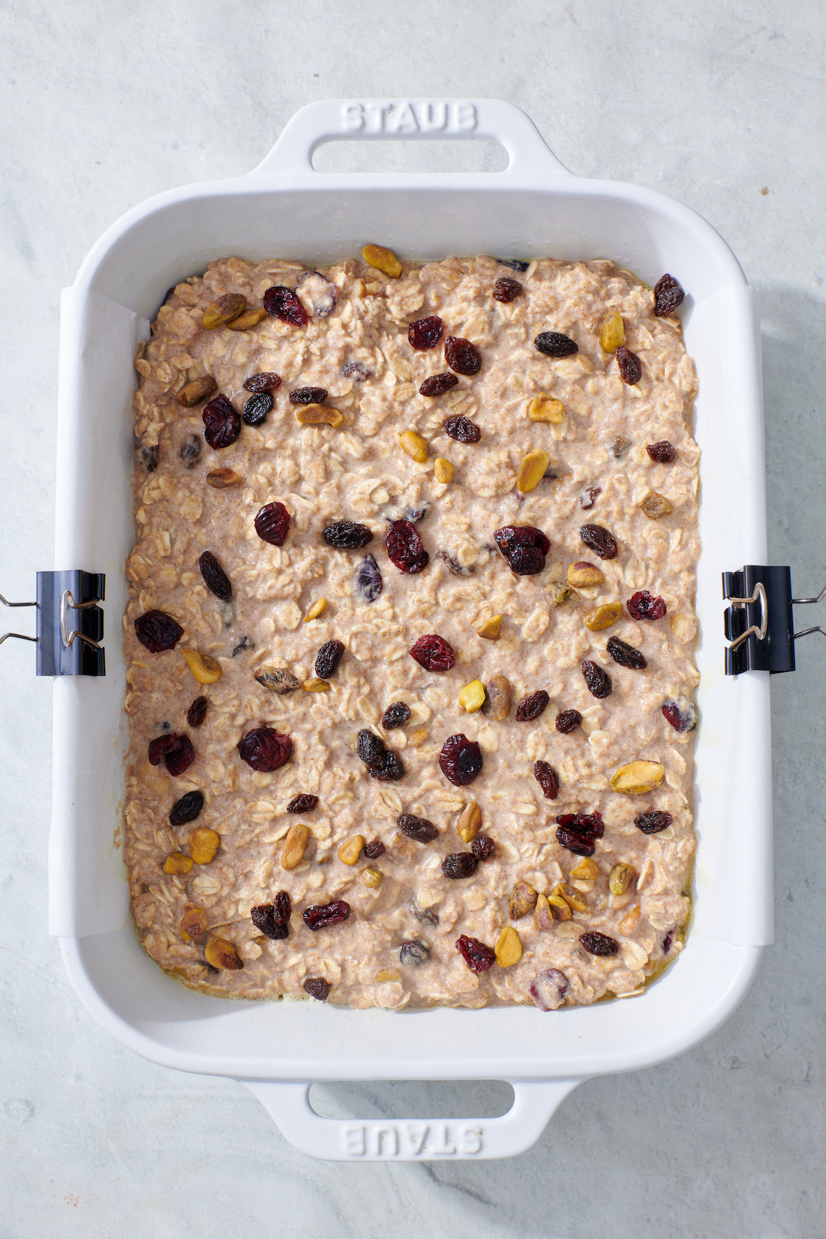 Oatmeal bars in baking dish before baked.
