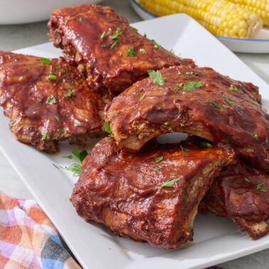 BBQ ribs on a serving platter.