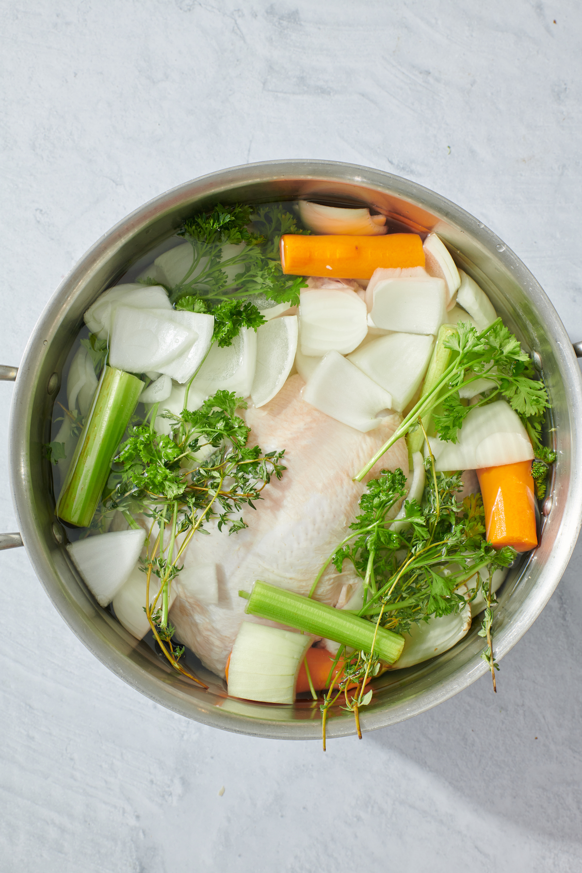 The ingredients in a large pot, uncooked.