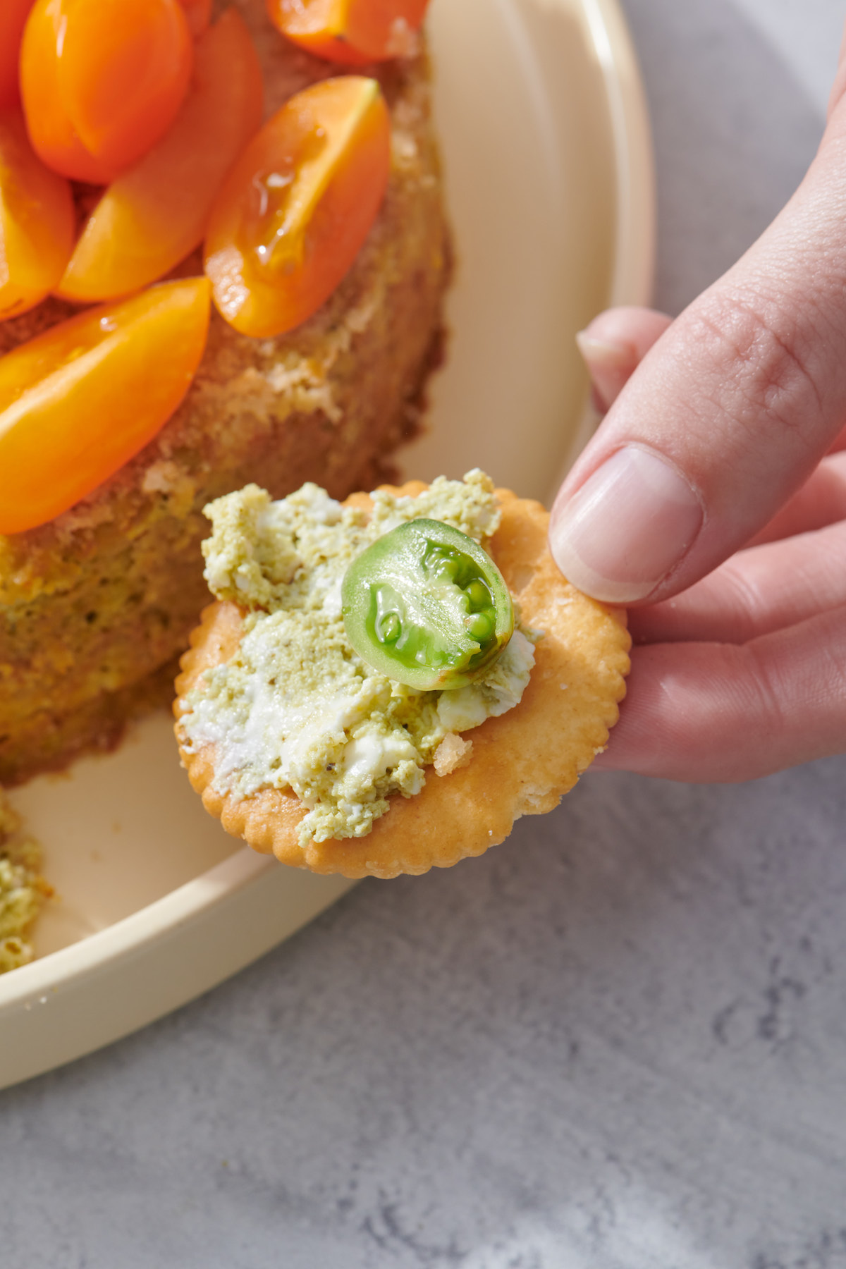 Hand holding cracker with basil pesto cheesecake dip spread on it.