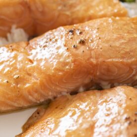 Maple soy salmon on a bed of rice.