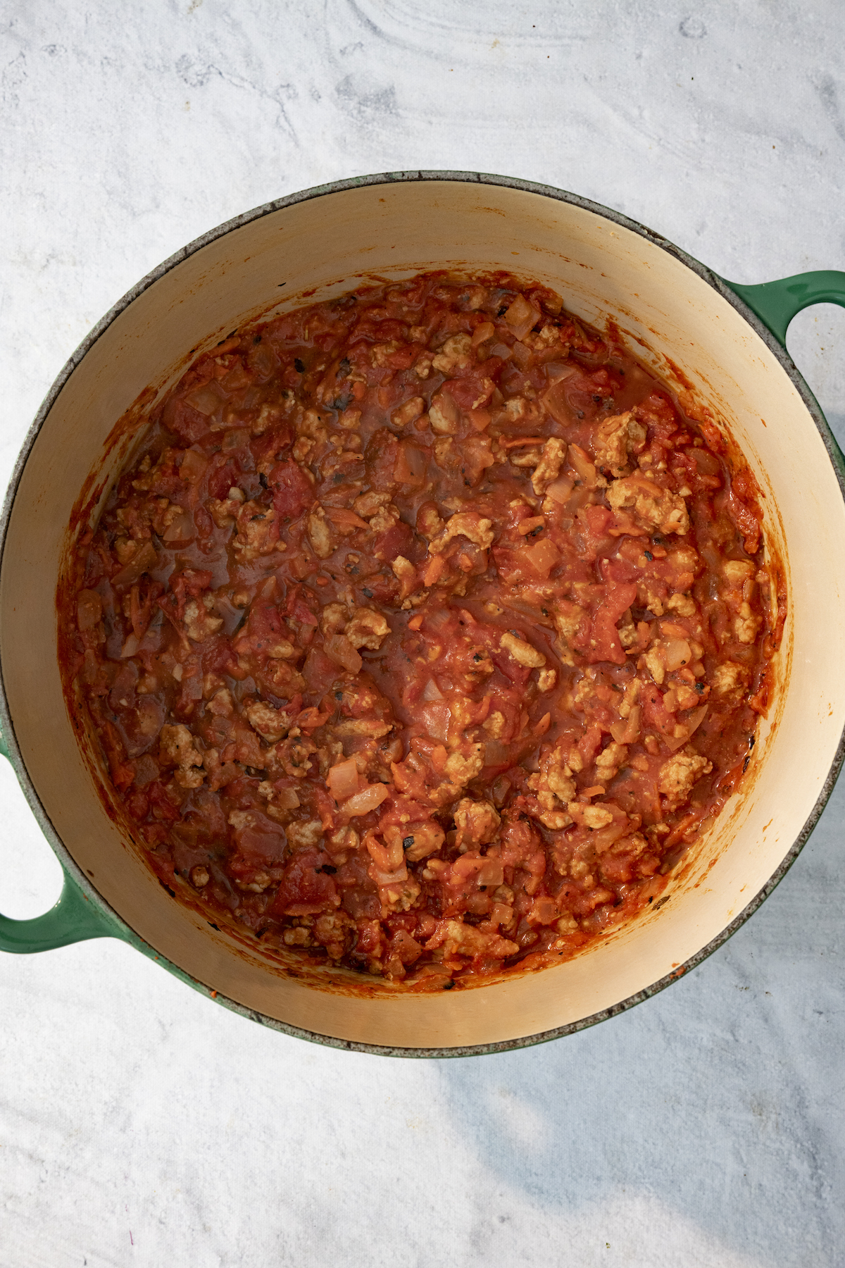 Large pot with turkey bolognese sauce.