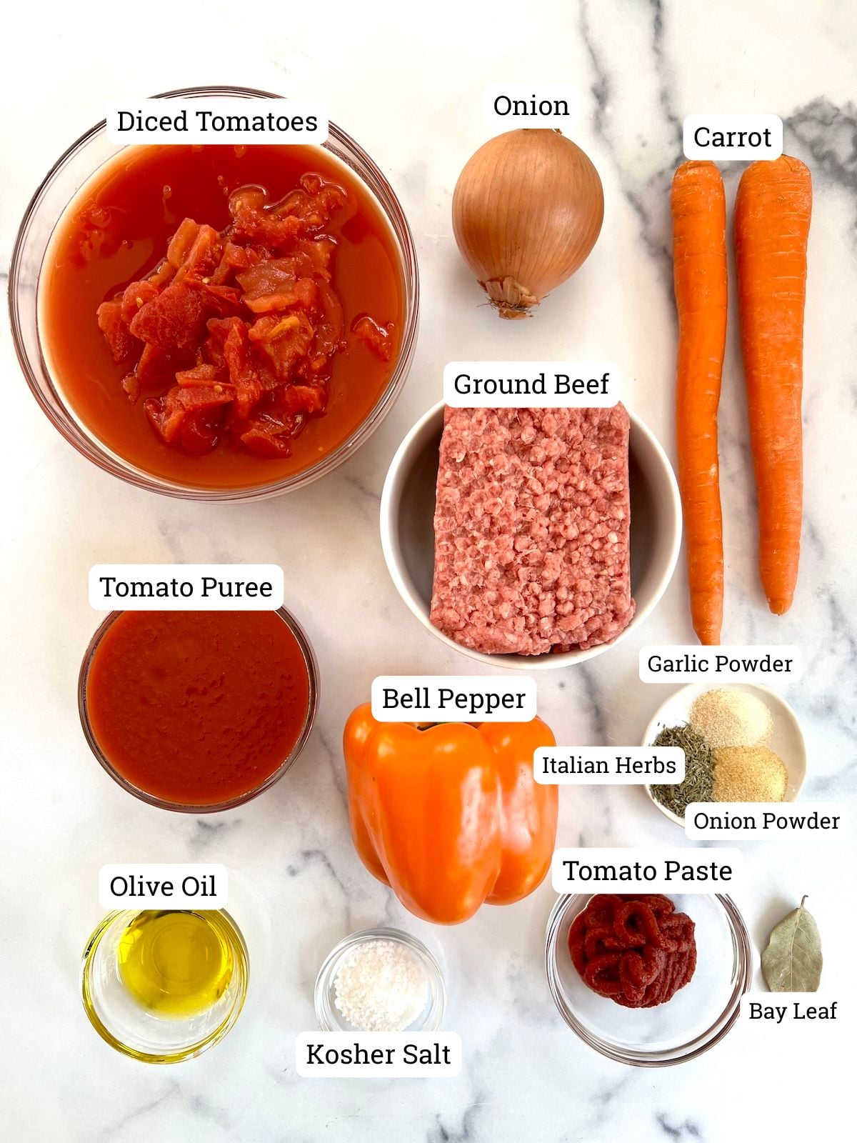 Labeled ingredients for crock pot meaty pasta sauce.
