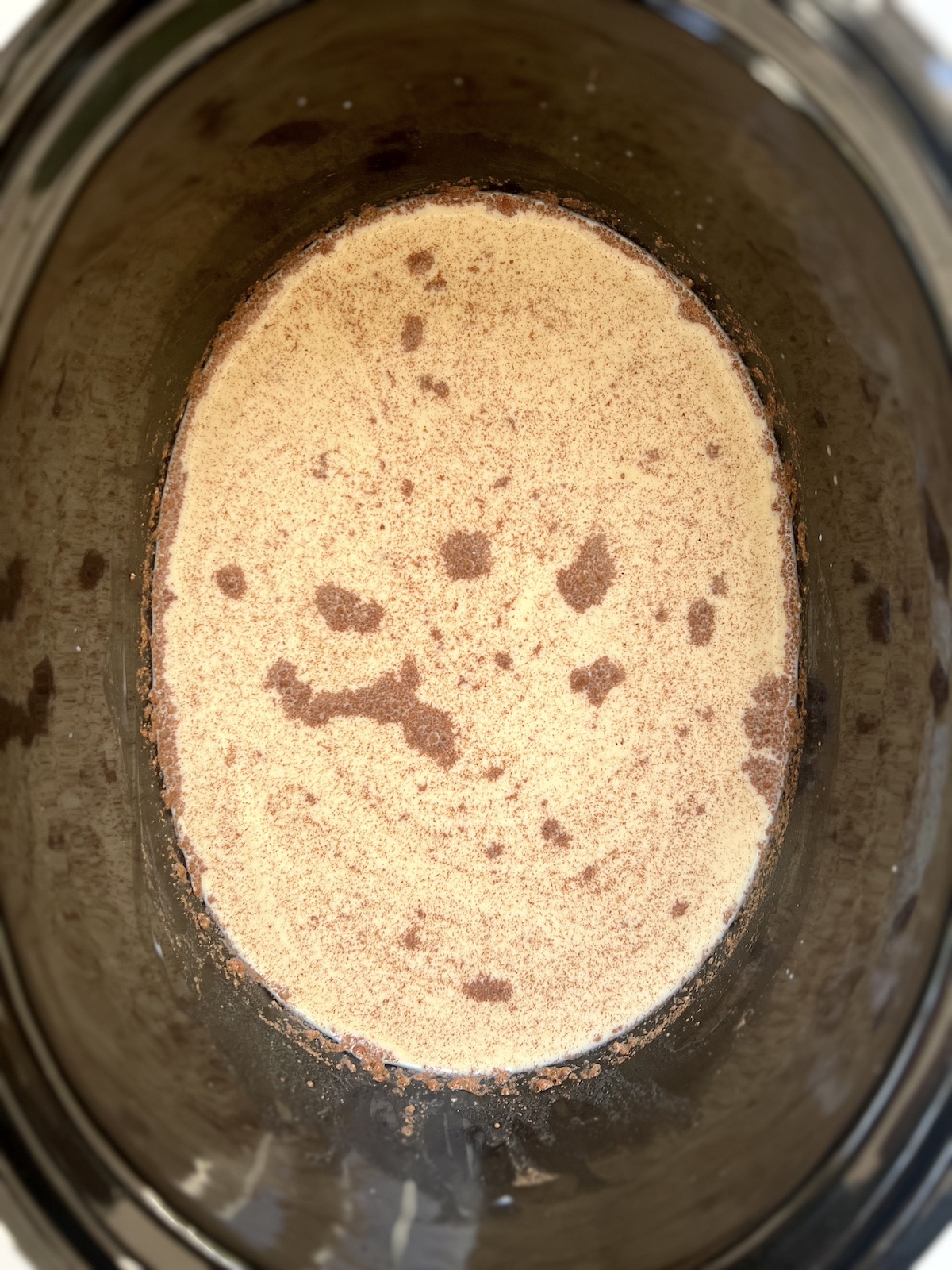 Pumpkin spice oatmeal ingredients in a slow cooker.