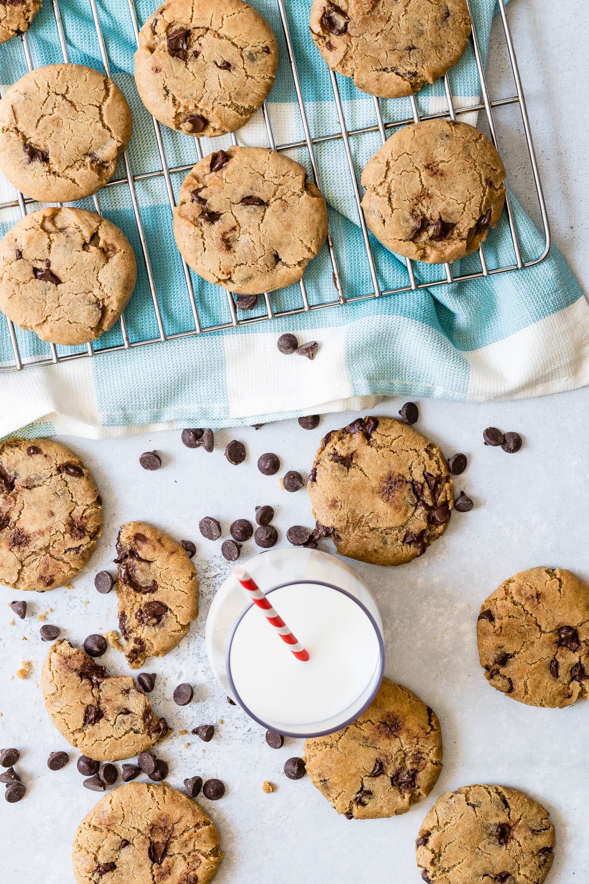 Vegan chocolate chip cookies on cooling rack.