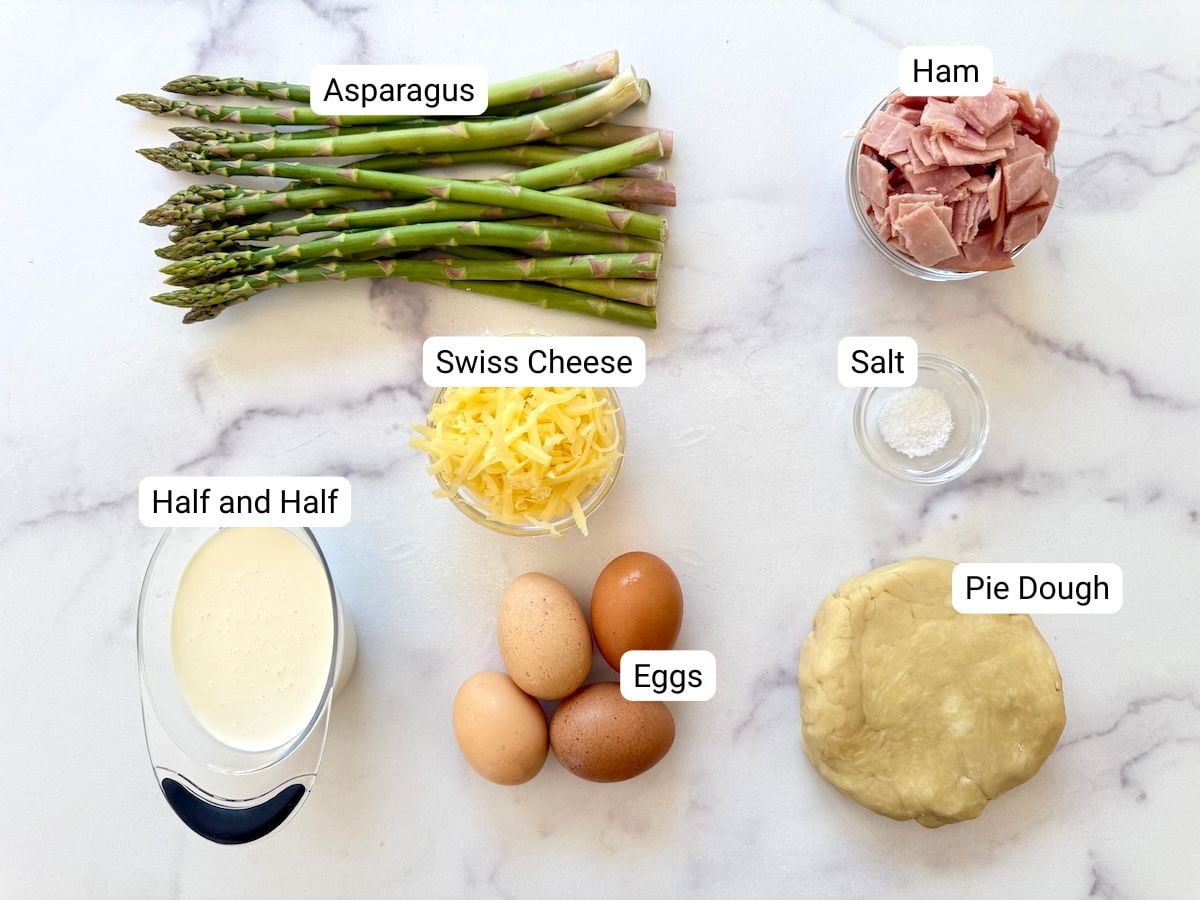 Ingredients for ham and asparagus quiche.