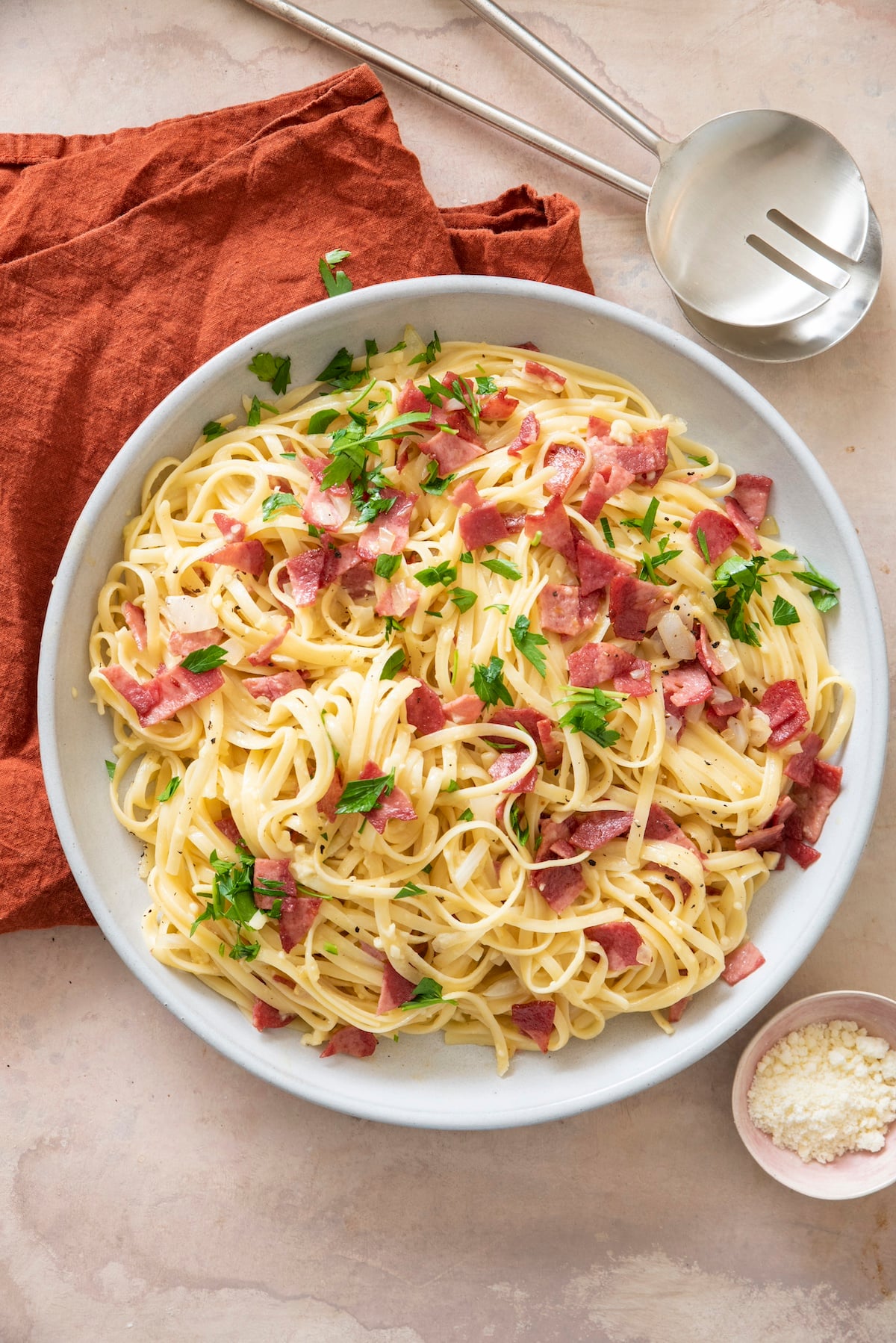 Lightened Up Spaghetti Carbonara in large serving bowl.