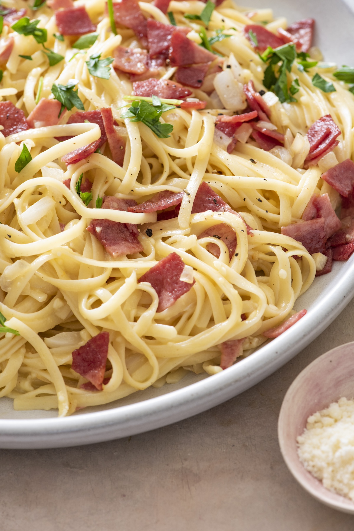 Lightened Up Spaghetti Carbonara plated.