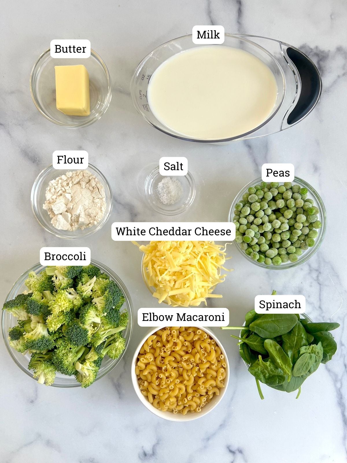 Ingredients for green mac and cheese.