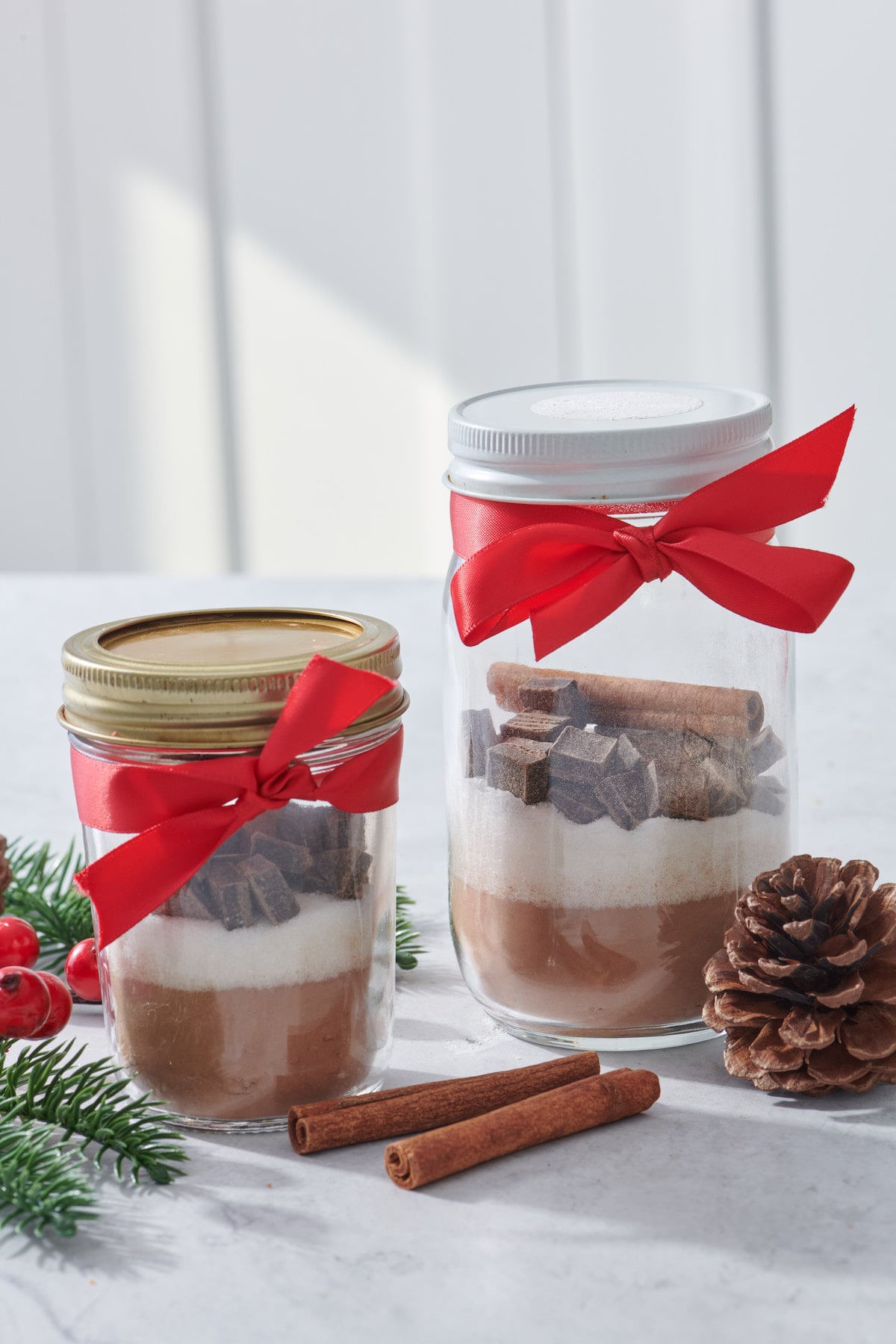 Hot cocoa mix in a jar with bow.