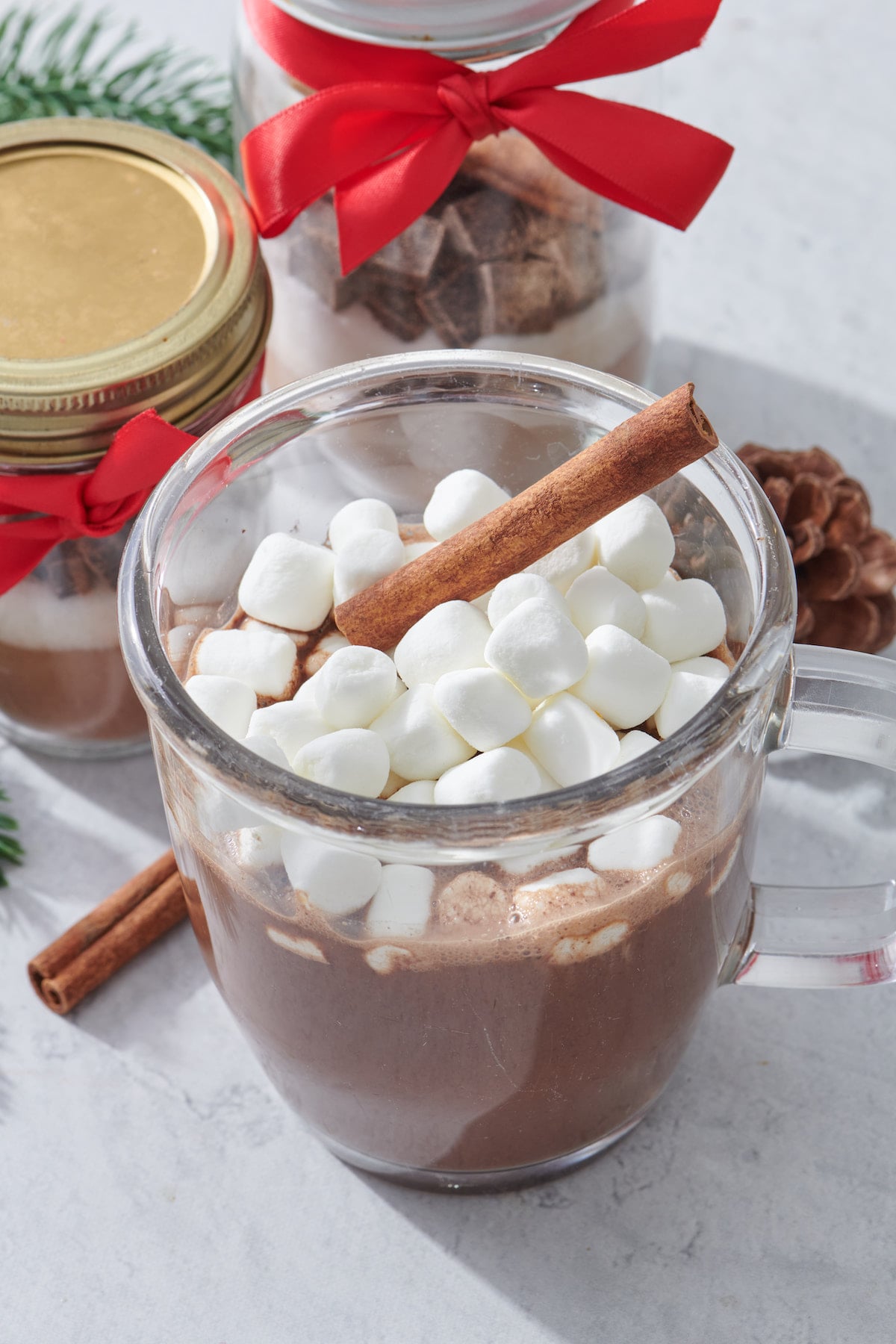 A mug of hot cocoa topped with marshmallows and a cinnamon stick. Hot cocoa in a Jar in the background.