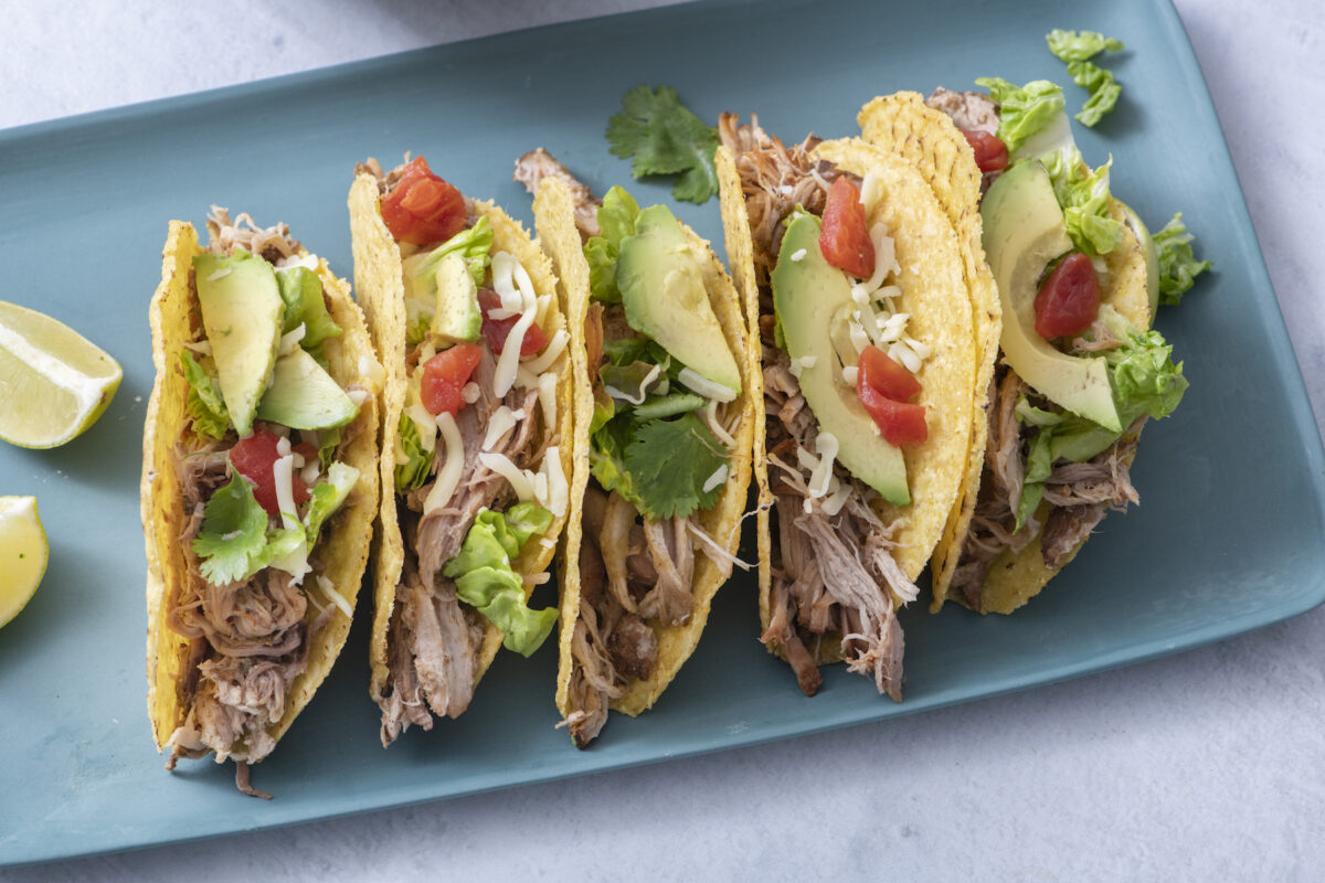 Five Mexican pulled pork tacos