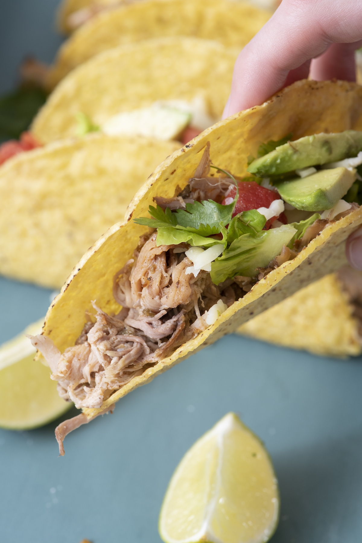 Close up of taco with pulled pork and toppings.