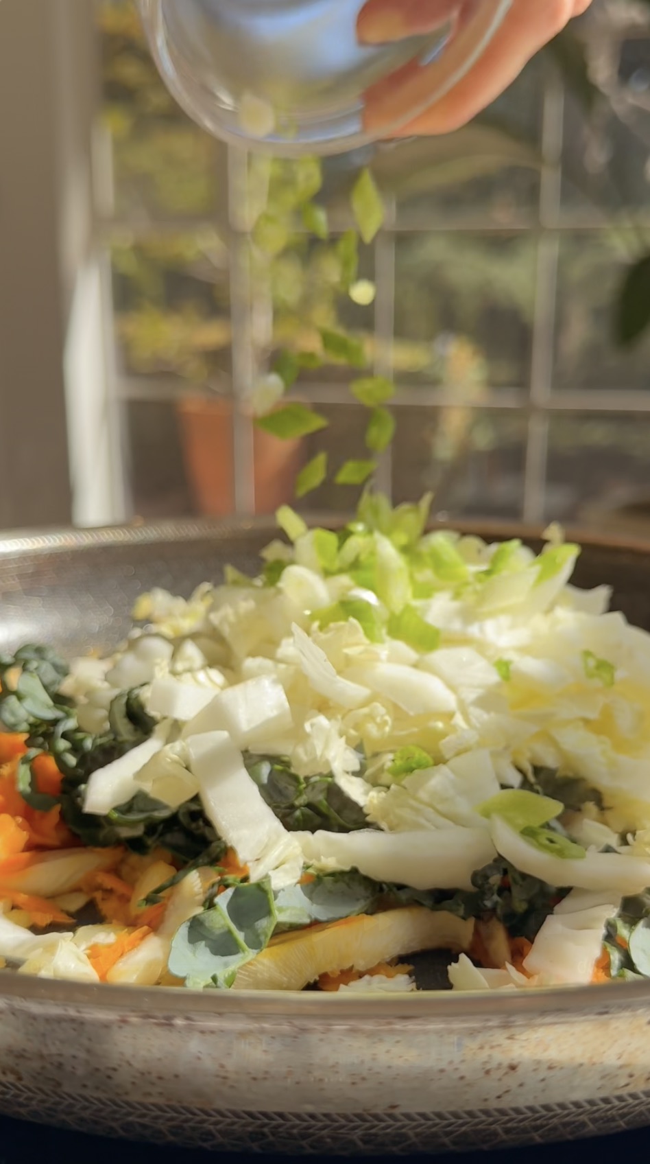Vegetables in a saute pan.