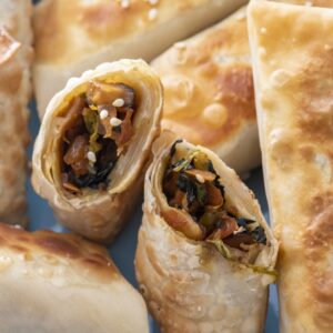 A cross section of a vegetarian spring roll.