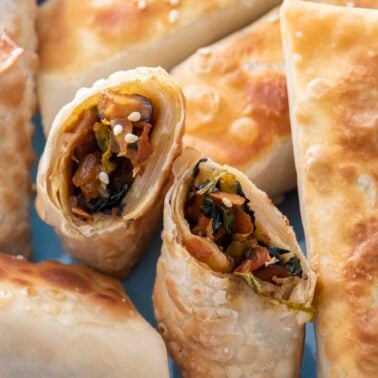 A cross section of a vegetarian spring roll.