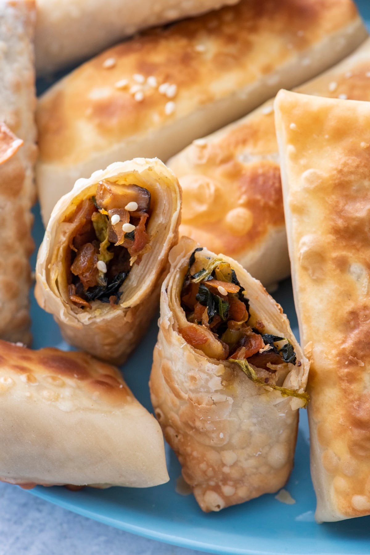 A cross section of a vegetarian spring roll.