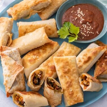 A plate of vegetarian spring rolls with dipping sauce.