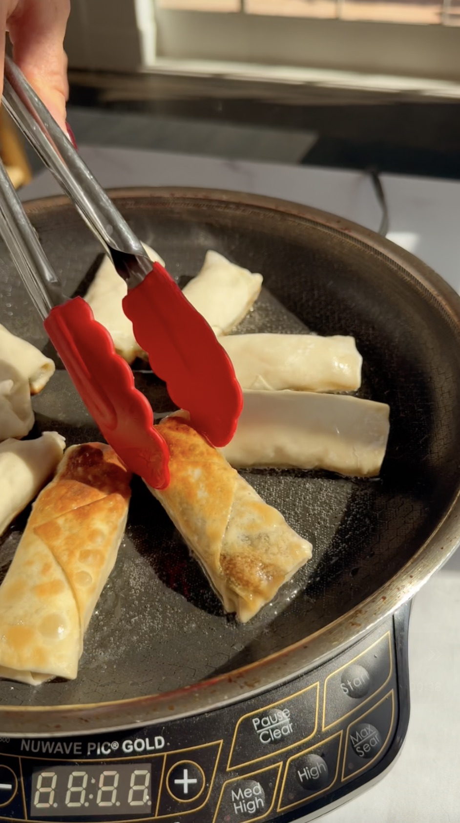Pan fried vegetarian spring rolls.