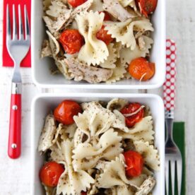 Pesto Pasta with Roast Chicken and Cherry Tomatoes from Weelicious
