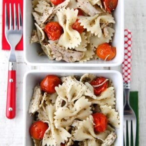 Pesto Pasta with Roast Chicken and Cherry Tomatoes from Weelicious