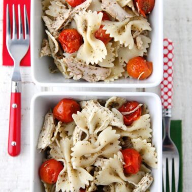 Pesto Pasta with Roast Chicken and Cherry Tomatoes from Weelicious