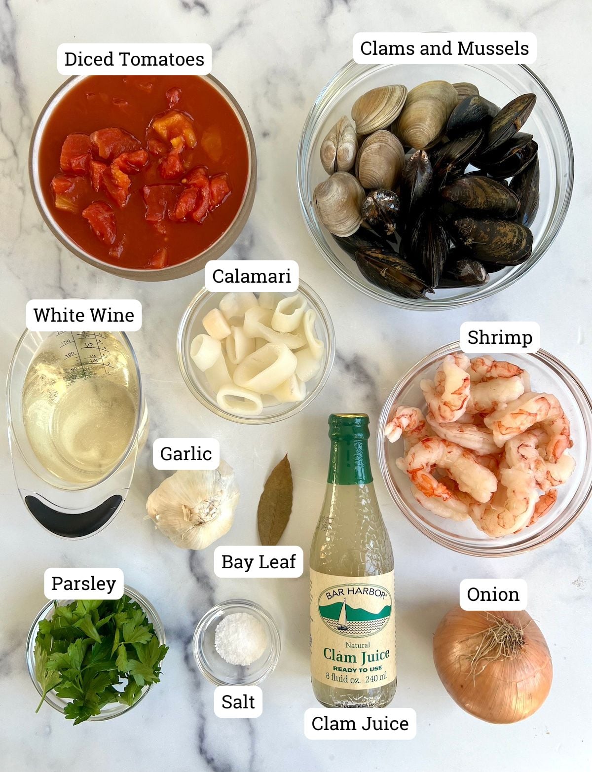 Ingredients needed for seafood stew.