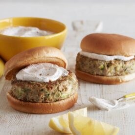 Ground turkey zucchini burgers with yogurt sauce.