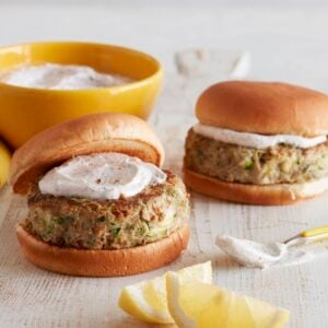 Ground turkey zucchini burgers with yogurt sauce.