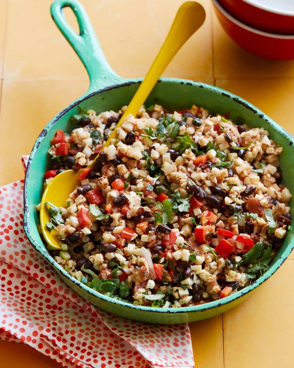 California Style Cauliflower Rice and Beans in a serving bowl.