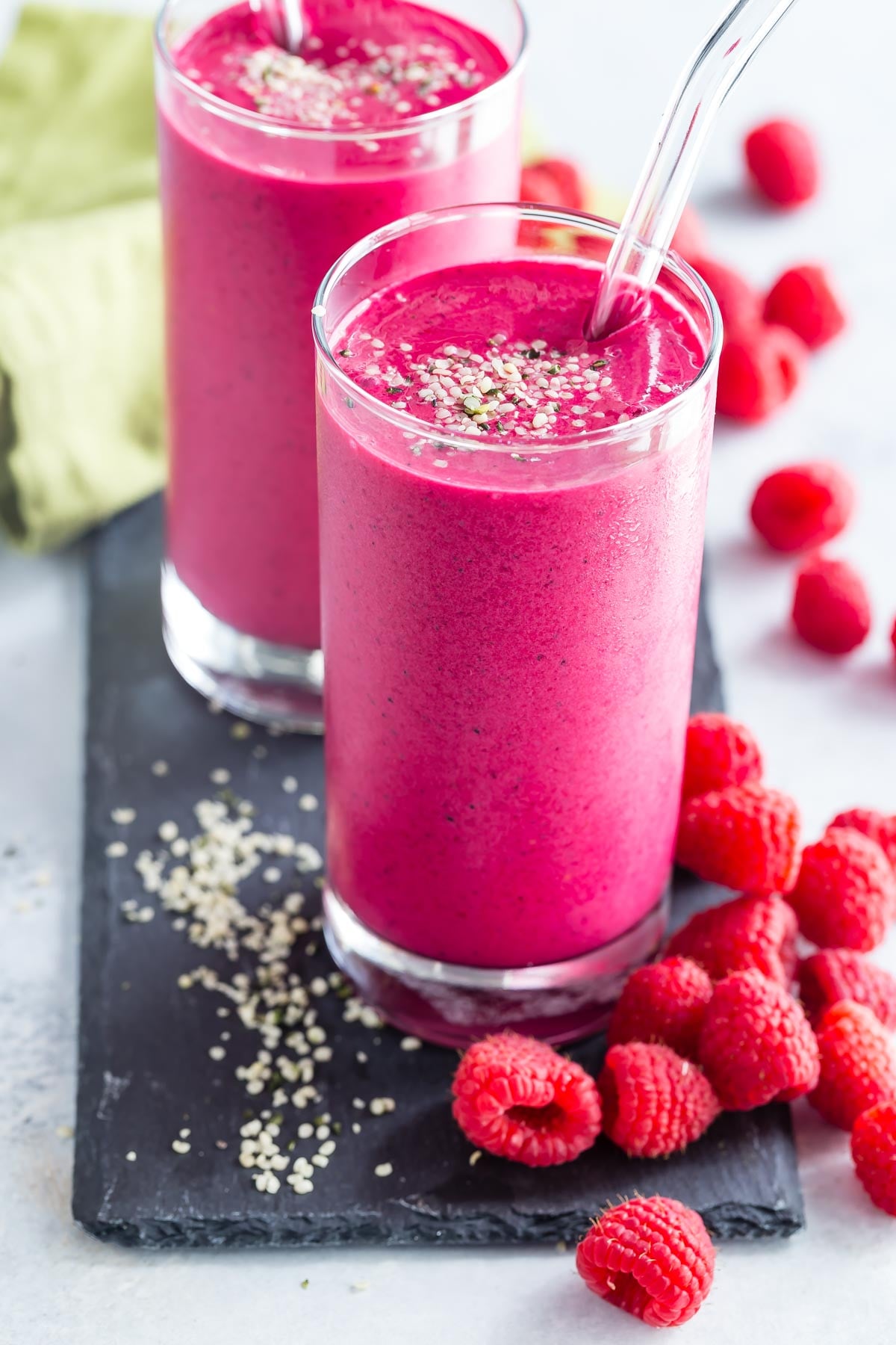 Dragon Fruit Raspberry Smoothie topped with hemp seeds.