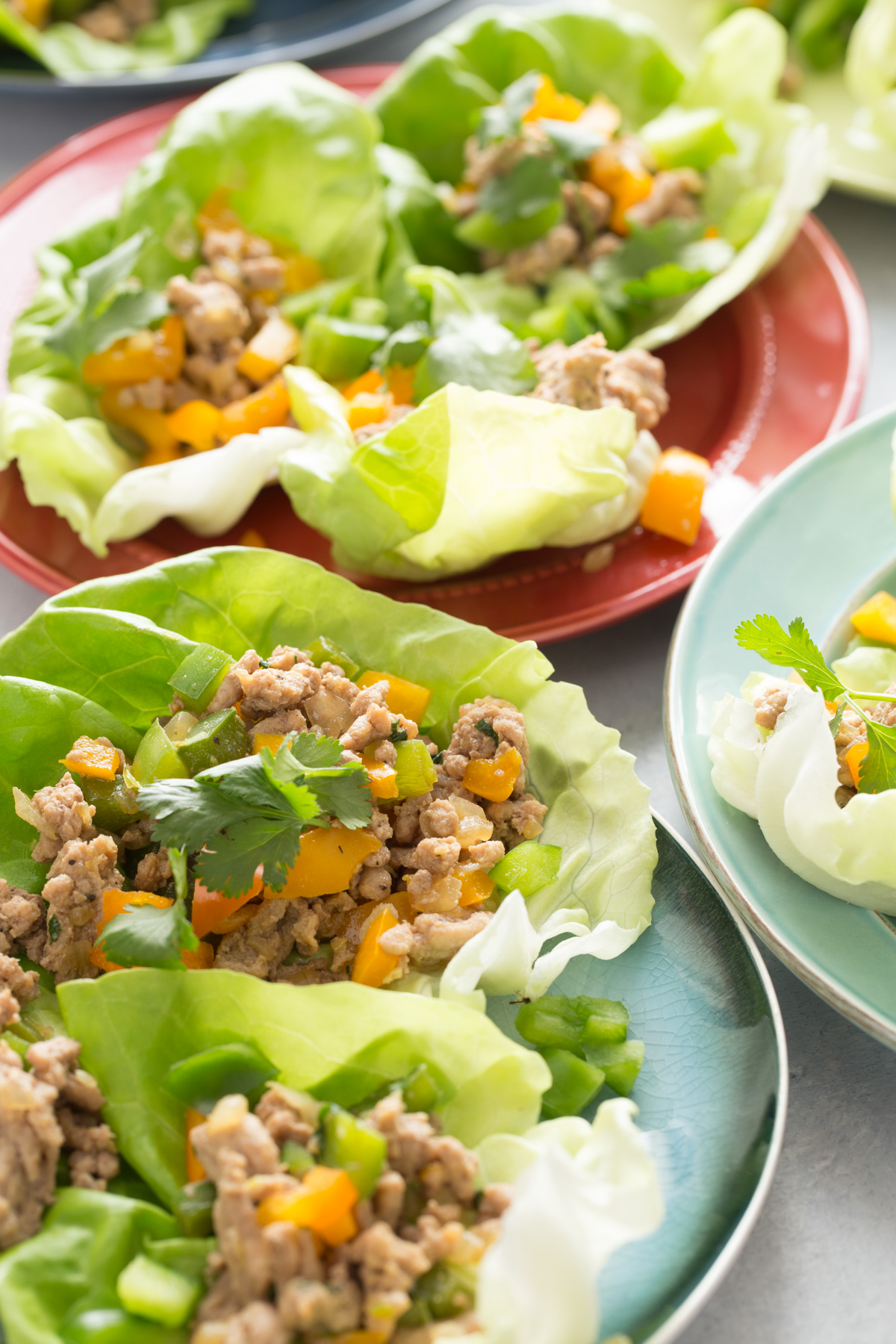 Stir-fried ground chicken in lettuce wraps.